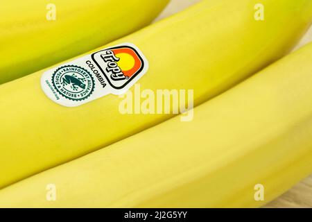 Amburgo, Germania - Marzo 14 2022: Banane dalla Colombia con TROPY e Rainforest Alliance Label Foto Stock