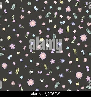Fantasia farfalle color pastello, fiori disegno senza giunture, vettore illustrazione semplice stile piatto, simbolo di primavera, Pasqua festa decorazione, clipart per carte, banner, primavera decorazione Illustrazione Vettoriale