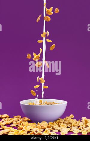 La caduta di granola con spruzzi di latte in un recipiente. Sana colazione ingredienti. Flying cibo Foto Stock