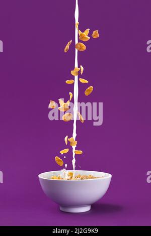 La caduta di granola con spruzzi di latte in un recipiente. Sana colazione ingredienti. Flying cibo Foto Stock