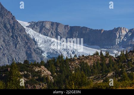 Le cime e i ghiacciai del gruppo Bernina: Una delle montagne delle Alpi che supera i 4000 metri, nei pressi del borgo di Chiesa in Valmalenco Foto Stock