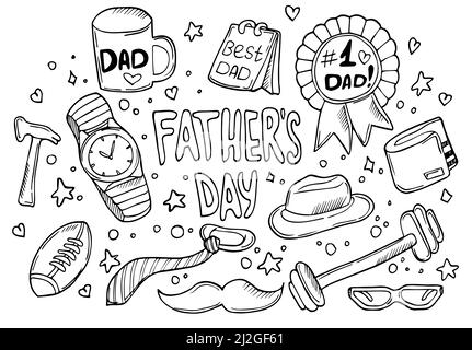 Doodle Father's Day icone set. Illustrazione dello schizzo vettoriale. Buon giorno dei Padri Illustrazione Vettoriale