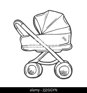 Icona di schizzo del vettore passeggino bambino isolata sullo sfondo. Icona del passeggino per bambini disegnato a mano. Passeggino per bambini, illustrazione dello schizzo vettoriale Illustrazione Vettoriale