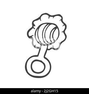 Sonaglino del bambino disegnato a mano dal vettore Doodle. Giocattolo per la noise maker, maraca, forniture per neonati, infanzia, bambino, asilo nido, sviluppo neonato. Illustrazione Vettoriale
