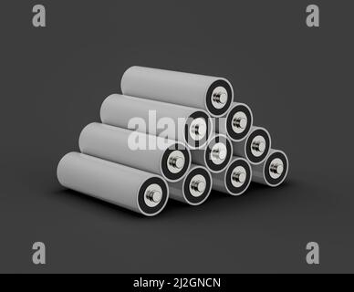 Un rendering 3D di batterie AA su sfondo grigio Foto Stock