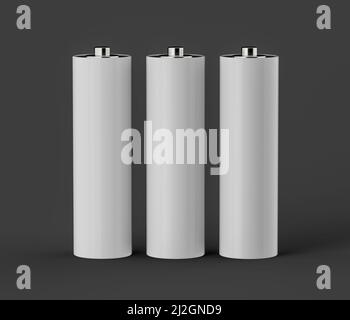 Un rendering 3D di batterie AA su sfondo grigio Foto Stock