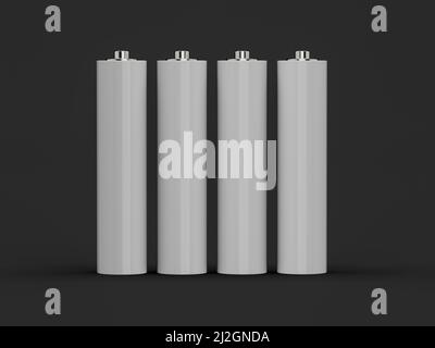 Un rendering 3D di batterie AAA su sfondo grigio Foto Stock