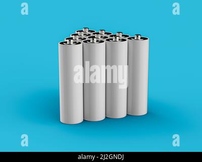 Un rendering 3D di batterie AA su sfondo blu Foto Stock