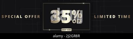 35 banner di sconto. Offerta speciale con sconto del 35% per un periodo limitato. Offerta di sconto. Banner promozionale di lusso con tipografia dorata del trentacinque per cento Illustrazione Vettoriale
