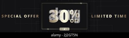 30 banner di sconto. Offerta speciale con sconto del 30% per un periodo limitato. Offerta di sconto. Banner promozionale di lusso con tipografia dorata del trenta per cento Illustrazione Vettoriale