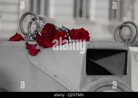 Circa 2022, Sofia, Bulgaria: Foto in bianco e nero con rose rosse in cima a un cestino il giorno di San Valentino. Amore non riacclamato, fiori gettato fuori. Foto Stock