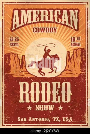 Poster americano rodeo cowboy con tipografia e carta vintage texture Illustrazione Vettoriale