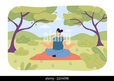 Calma donna foresta bagno. Personaggio femminile cartone animato facendo yoga in natura, alberi e cespugli piatta illustrazione vettoriale. Fitness, salute, stile di vita concep Illustrazione Vettoriale