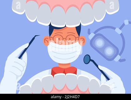 Dentista cartoon in maschera che esamina bocca aperta del paziente. Dottore con strumenti che guardano denti sani bianchi al controllo dentale flat vettoriale illustra Illustrazione Vettoriale