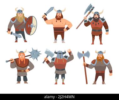 Set di illustrazioni vettoriali Cartoon Vikings. Soldati medievali, persone in costume o guerrieri isolati su sfondo bianco. Mitologia scandinava, Norw Illustrazione Vettoriale