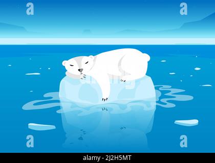 Carino personaggio orso polare che dorme sul ghiacciaio galleggiante in oceano. Mammifero artico bianco giacente sul piccolo iceberg in mare aperto cartoon illustrazione vettoriale. R Illustrazione Vettoriale