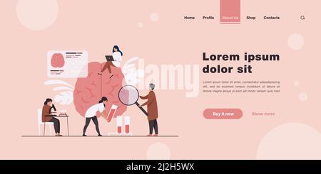 I medici che fanno la ricerca medica sul cervello umano ed analizzano i campioni di sangue. Scienziati che studiano cervello e memoria, raccogliendo dati. Illustrazione vettoriale per Illustrazione Vettoriale