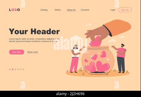 Generose piccole persone che raccolgono i cuori in vaso isolato piatto vettore illustrazione. Volontari di Cartoon che danno speranza, sostegno e amore. Carità, donazione a. Illustrazione Vettoriale