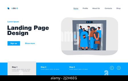 Gruppo di persone in piedi in ascensore isolato vettore piatto illustrazione. Cartoni animati personaggi diversi all'interno dell'ascensore con porte aperte. Ufficio e edificio Illustrazione Vettoriale