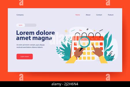 Mani con calendario di controllo lente di ingrandimento. Lente di ingrandimento, data, day flat vettoriale. Tempo e concetto di pianificazione per banner, sito web o Illustrazione Vettoriale