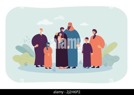 Felice famiglia musulmana cartoon. Illustrazione vettoriale piatta. Marito, moglie, padre, madre, bambini che indossano abiti arabi e fiabe. Vecchi e giovani generi sauditi Illustrazione Vettoriale