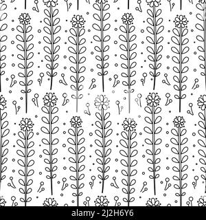 Bianco e nero disegno a mano Daisies Ditsy Vector modello senza giunture Illustrazione Vettoriale