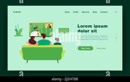 Felice famiglia con bambino seduto sul divano e guardando notizie isolato piatto vettore illustrazione. Vista posteriore di cartoni animati su pullman in soggiorno. TV Sho Illustrazione Vettoriale