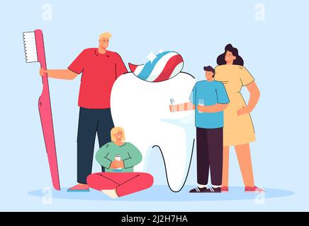 Famiglia piccola felice e gigante dente bianco. Illustrazione vettoriale piatta. Madre, padre e bambini si preoccupano del molar grande, spazzolandolo con la pasta. Cura dentale Illustrazione Vettoriale