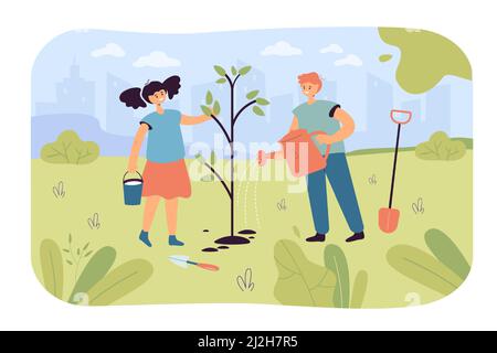 Bambini che piantano l'albero in giardino o parco. Felice cartoni animati che protegge ambiente flat vettore illustrazione. Ecologia, concetto di rimboschimento per il divieto Illustrazione Vettoriale