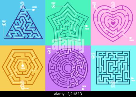 Giochi di labirinto in forma di diverse figure vettoriali illustrazione set. Cerchio, cuore, quadrato, stella, esagono, risolto il puzzle con l'ingresso correttamente contrassegnato an Illustrazione Vettoriale