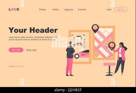 Uomo a noleggio auto. App per la condivisione di auto, mappa della città con puntatori. Consulente grafico vettoriale piatto. Trasporto, concetto di trasporto urbano per banner, web Illustrazione Vettoriale