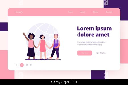 Bambini multietnici che tengono le mani. Globo sullo sfondo. World, multinazionale, amico flat vettore illustrazione. Concetto di diversità e nazioni per striscioni, Illustrazione Vettoriale