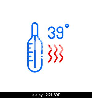 Controllo della temperatura con un termometro come misura covid di prevenzione delle malattie. Febbre temperatura corporea a 39 gradi. Pixel Perfect, tratto modificabile Illustrazione Vettoriale