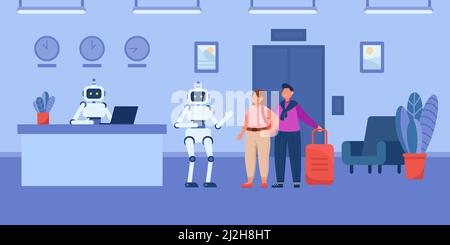 Facchino robotico per i cartoni animati che aiuta gli ospiti a salire in hotel. Robot receptionist seduto al banco, lobby interna con illustrazione vettoriale piatta. Robot moderni Illustrazione Vettoriale