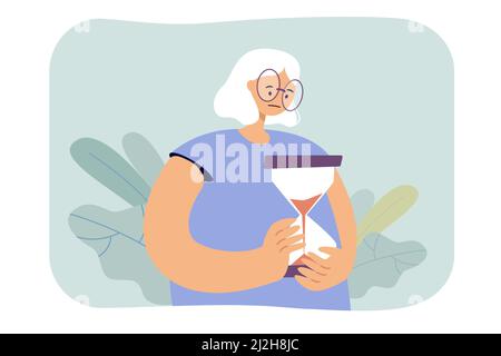 Triste donna anziana che tiene clessidra. Illustrazione vettoriale piatta del tempo di osservazione dei personaggi anziani. Gestione del tempo, età, durata di vita, concetto di pensionamento per Illustrazione Vettoriale