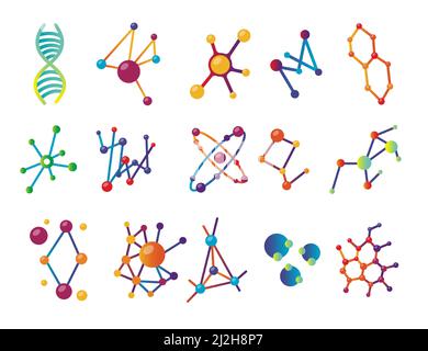 Insieme di molecole colorate di forme diverse. Illustrazione del vettore cartoon. Modelli molecolari, costruzioni, connessioni e strutture cellulari atomiche. Illustrazione Vettoriale