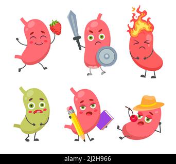 Set di simpatico e divertente personaggio di stomaco. Illustrazione del vettore cartoon. Organo umano digestivo sano e malsano con emozioni e volti diversi. Correggi Illustrazione Vettoriale