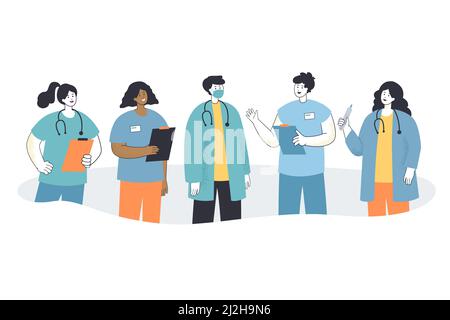 Team di cartoon ospedale o personale clinico in maschere. Gruppo di medici maschi e femmine in uniforme, infermieri, medici professionisti illustrazione vettoriale piatta Illustrazione Vettoriale