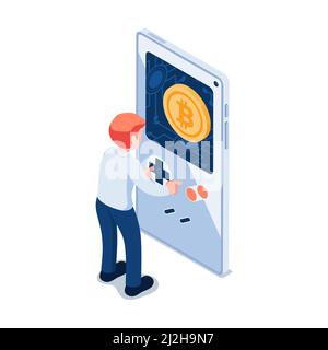 Flat 3D Isometric businessman giocando Giochi su smartphone e guadagnare Bitcoin. Gioca per guadagnare concetto. Illustrazione Vettoriale