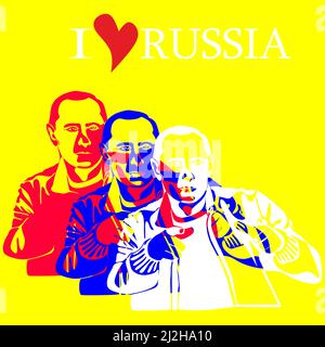 Amo la russia vettore pop arte illustrazione con le silhouette del Presidente della Russia con le dita ripiegate come una pistola, disegnate in una linea di stile e. Illustrazione Vettoriale