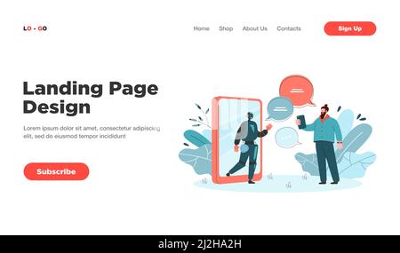 Piccolo uomo che chiacchiera online con l'assistente ai flat vettoriale illustrazione. Cliente Cartoon ottenere supporto virtuale da chatbot. i revisori della tecnologia digitale Illustrazione Vettoriale