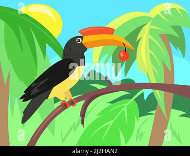 Toucan con l'illustrazione della bacca in stile cartone animato. Uccello esotico con ciliegia seduto sul ramo dell'albero. Carino animale della giungla, uccello. Fauna selvatica, concetto di natura fo Illustrazione Vettoriale