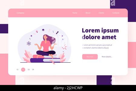 Donna seduta e meditante su un mucchio di libri. Studente, studio, apprendimento flat vettoriale illustrazione. Concetto di educazione e conoscenza per banner, sito web Illustrazione Vettoriale