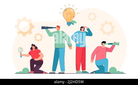 Giovani creativi alla ricerca di nuove idee e progetti. Illustrazione vettoriale piatta. Uomini, donne con lenti d'ingrandimento, telescopi, alla ricerca di nuovi c Illustrazione Vettoriale