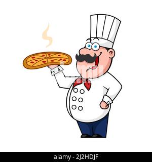 Cartoon Chef Holding Delicious Pizza Illustrazione Vettoriale