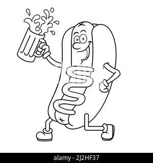 Hotdog Cartoon carattere Holding birra contorno Illustrazione Vettoriale