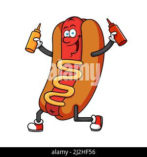 Personaggio di cartoon Hotdog con bottiglie di salsa Illustrazione Vettoriale