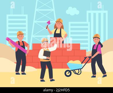 Squadra dei costruttori dei capretti che costruiscono la casa insieme. Carino ragazzi professionisti e ragazze che lavorano, lavoratori in caschi che posano muro di mattoni a cantiere Fla Illustrazione Vettoriale