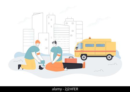 Team di medici di emergenza che fanno la rianimazione cardiopolmonare di un uomo inconscio in caso di incidente. Assistenza per RCP al vettore piatto del paziente critico illustrato Illustrazione Vettoriale