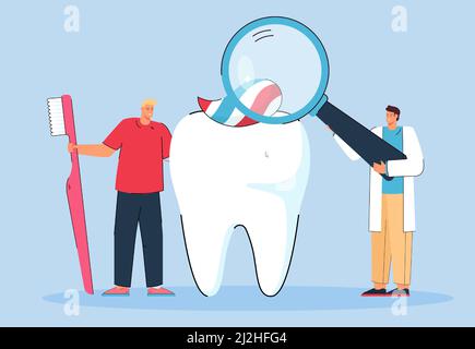 Piccolo dentista che guarda il dente attraverso la lente d'ingrandimento. Medico che fornisce consigli sulla spazzolatura dei denti al paziente illustrazione vettoriale piatta. Odontoiatria concetto Illustrazione Vettoriale